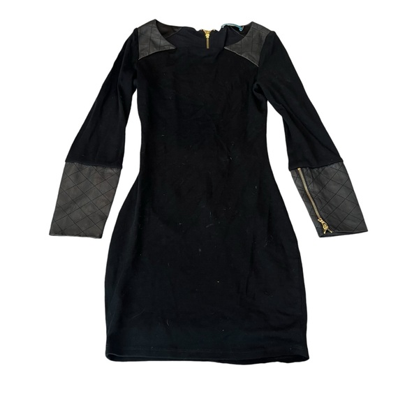 Alice and Olivia Daynah Leather Trim Wool Mesh Back Mini Dress Long Sleeve - Picture 5 of 10